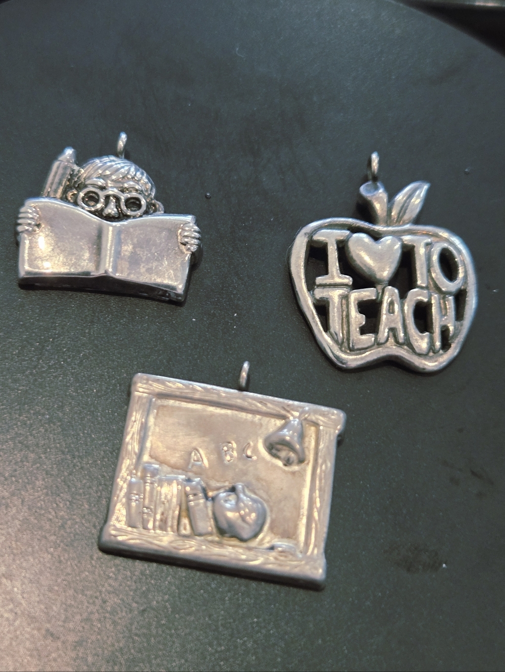 Teacher-Themed Silver Plated Pendants - Apple, Book, Chalkboard ( Set Of Three )